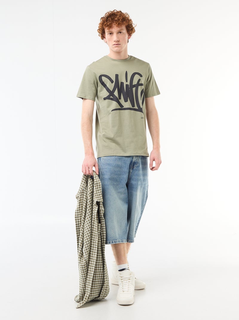 Solid Cotton T-Shirt with Graphic Print Green - Kiabi