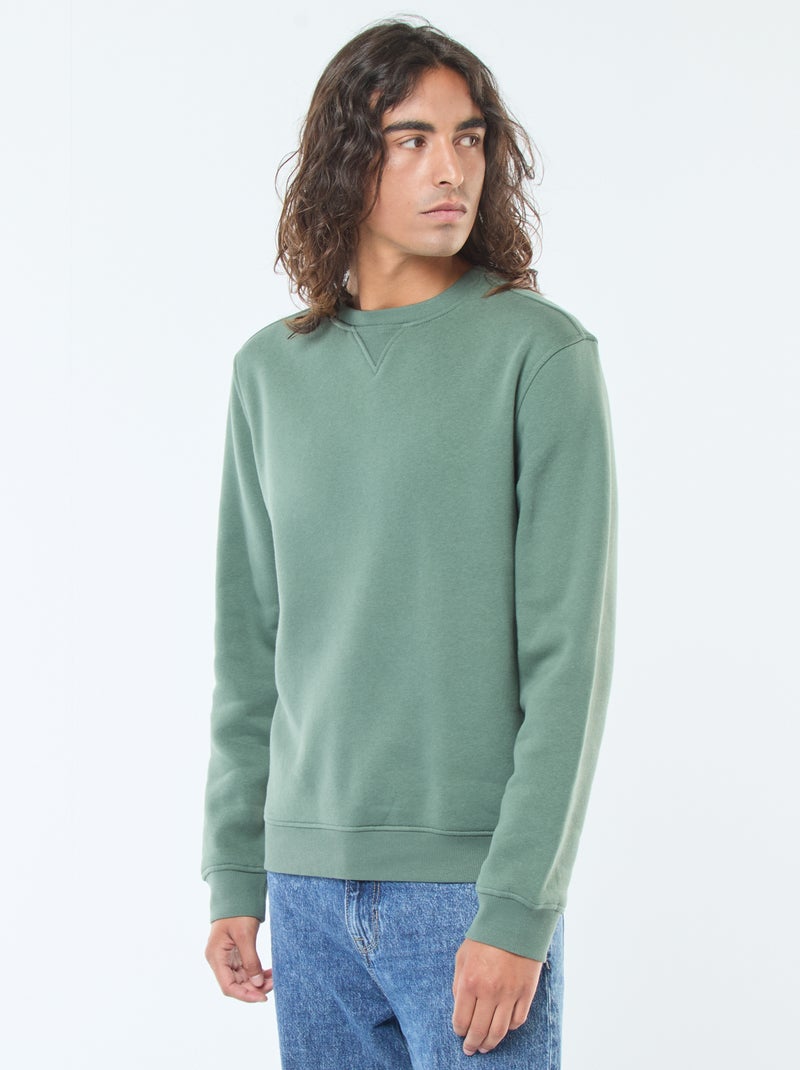 Solid Crew Neck Sweatshirt in Brushed Fleece Green - Kiabi