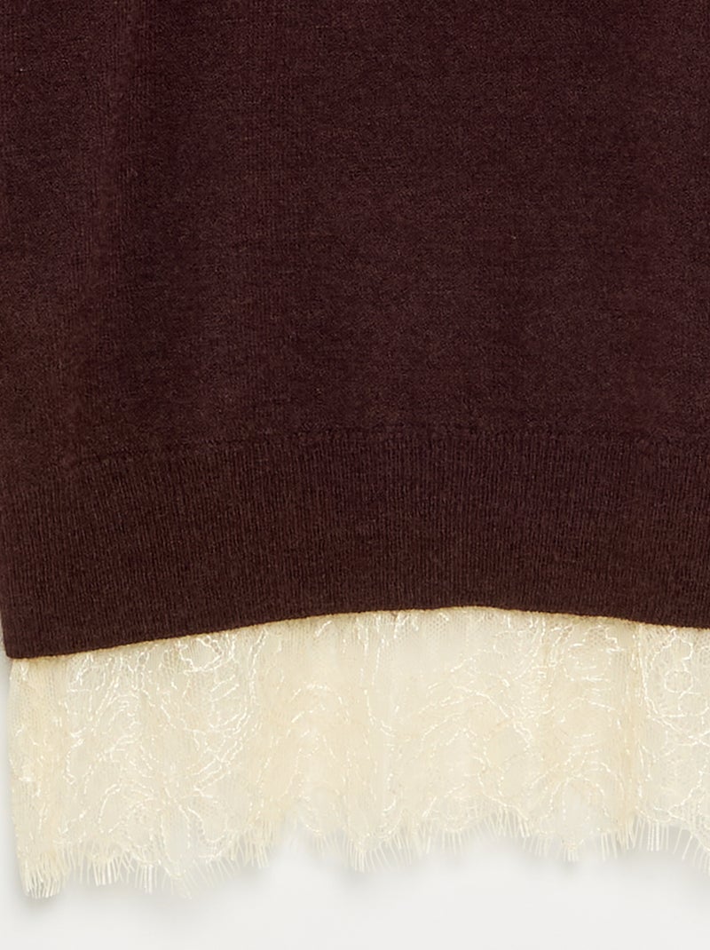 Solid Fine Gauge Sweater with Lace Hem Brown - Kiabi