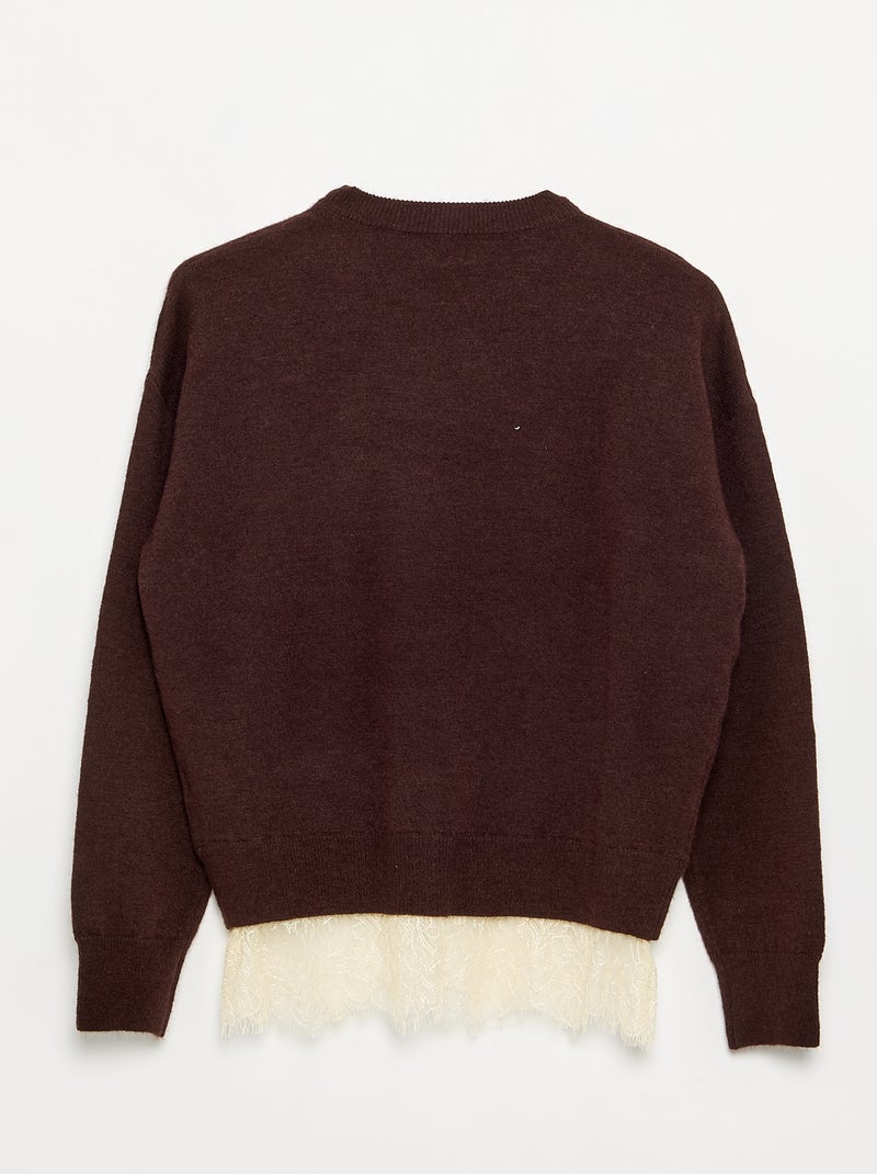 Solid Fine Gauge Sweater with Lace Hem Brown - Kiabi