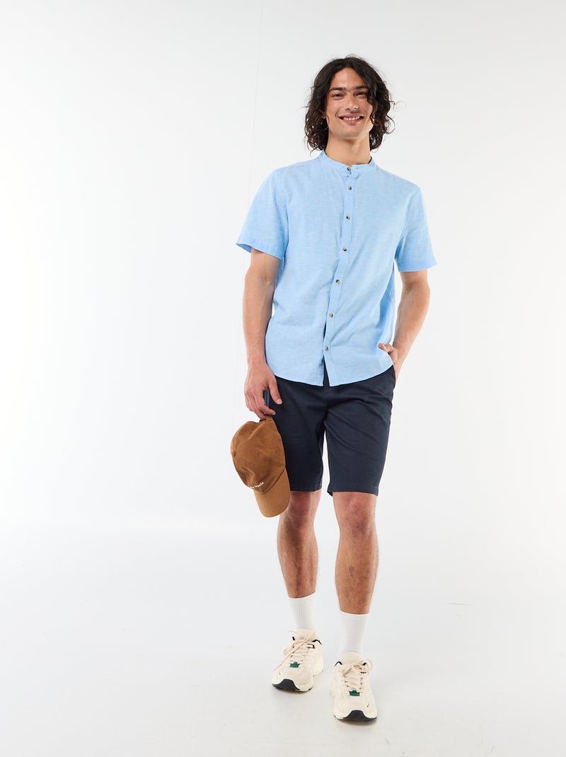 Solid Linen-Blend Short-Sleeve Mao Collar Shirt Blue - Kiabi