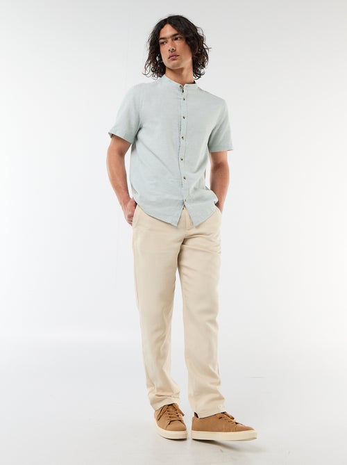 Solid Linen-Blend Short-Sleeve Mao Collar Shirt - Kiabi