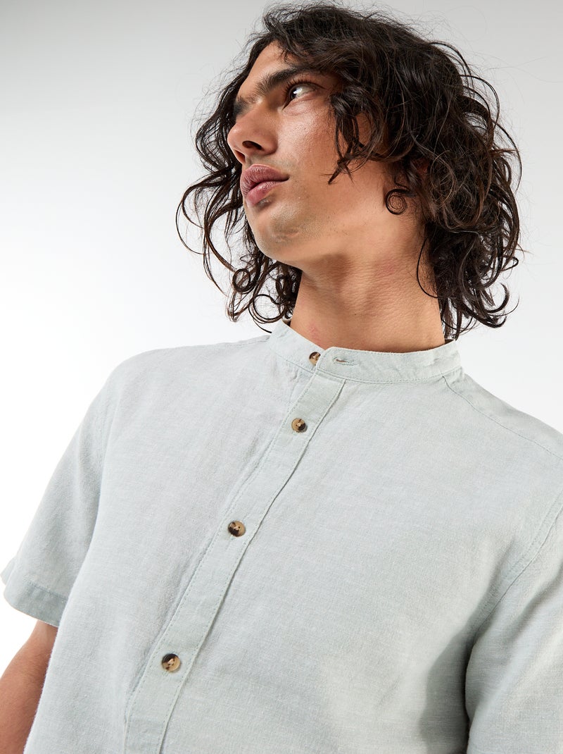 Solid Linen-Blend Short-Sleeve Mao Collar Shirt Green - Kiabi