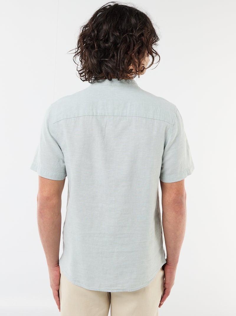 Solid Linen-Blend Short-Sleeve Mao Collar Shirt Green - Kiabi