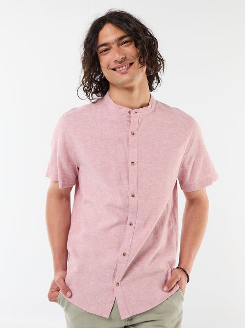 Solid Linen-Blend Short-Sleeve Mao Collar Shirt - Kiabi