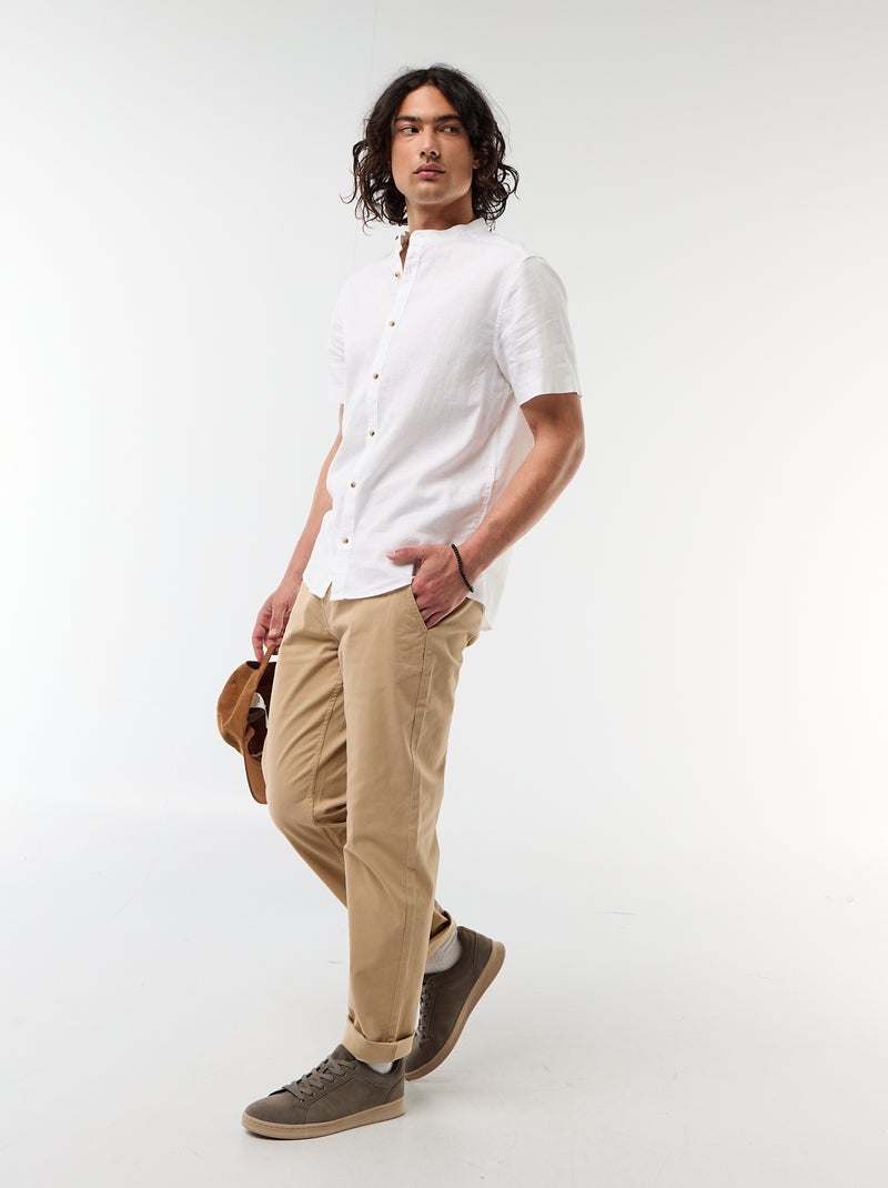 Solid Linen-Blend Short-Sleeve Mao Collar Shirt White - Kiabi