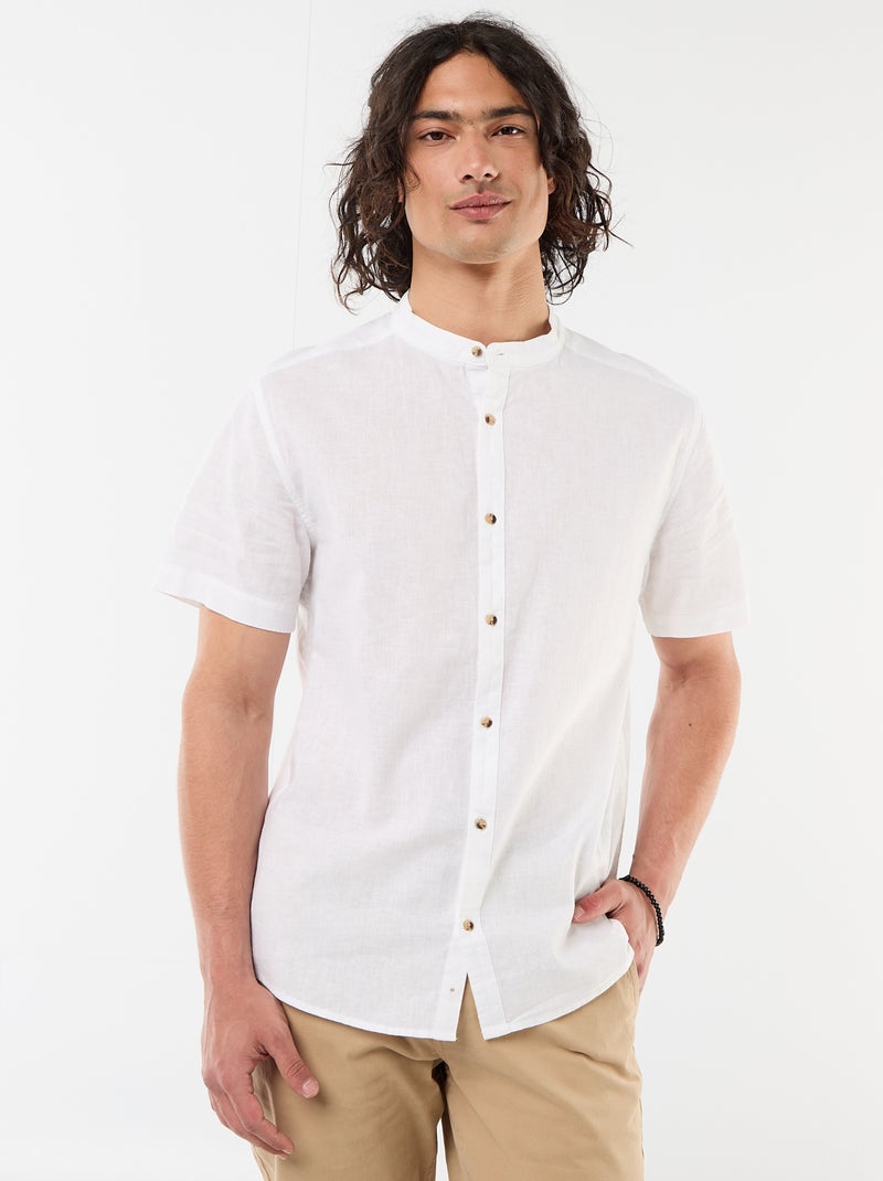 Solid Linen-Blend Short-Sleeve Mao Collar Shirt White - Kiabi