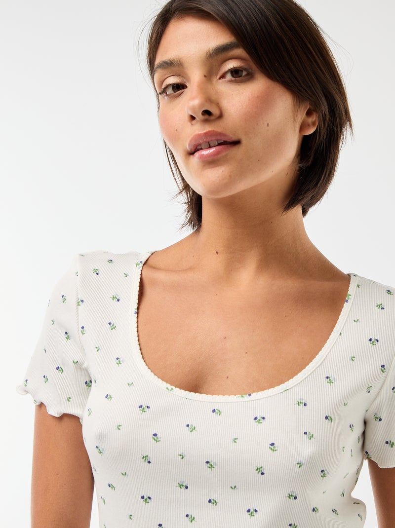 Solid Ribbed Knit Short-Sleeve T-Shirt White - Kiabi