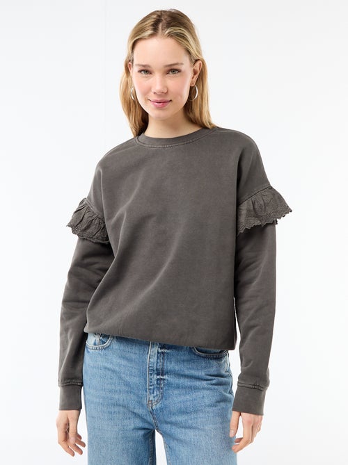 Solid Sweatshirt with English Embroidery Ruffle Sleeves - Kiabi