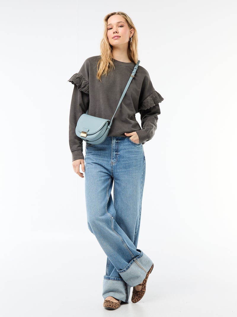 Solid Sweatshirt with English Embroidery Ruffle Sleeves Grey - Kiabi