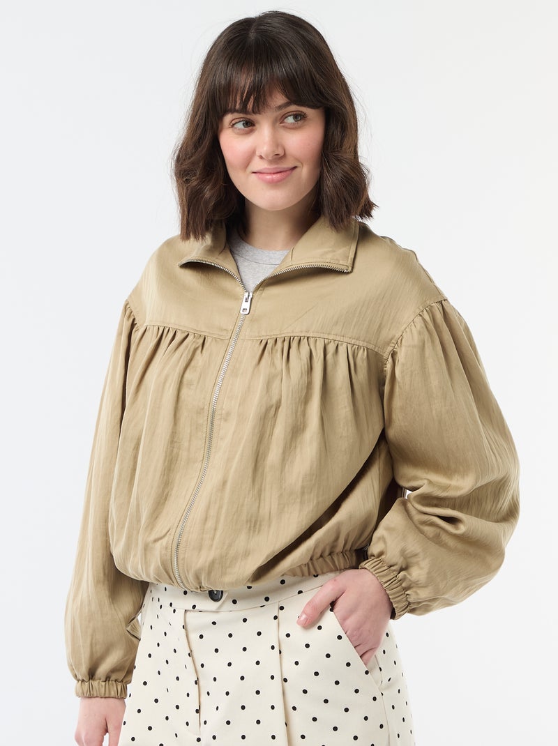 Solid Zip-Up Jacket with Puff Sleeves Beige - Kiabi