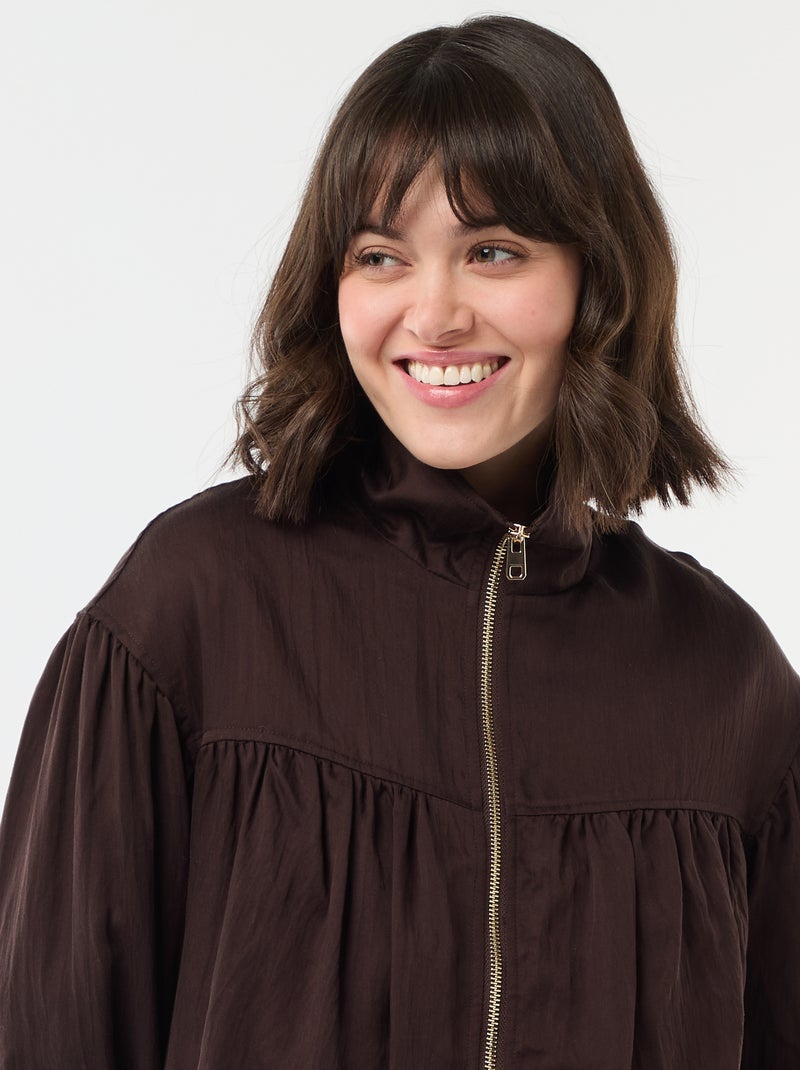 Solid Zip-Up Jacket with Puff Sleeves Brown - Kiabi
