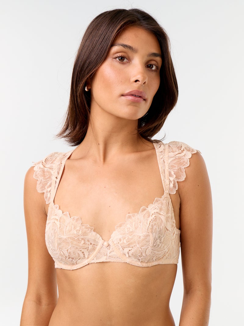 Soutien-gorge en dentelle avec bretelles volantées Beige - Kiabi