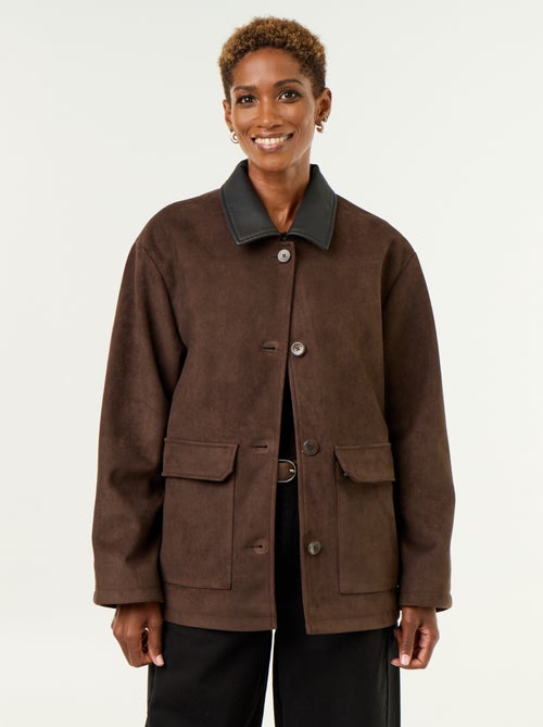 Straight suedette jacket with faux leather collar - Kiabi