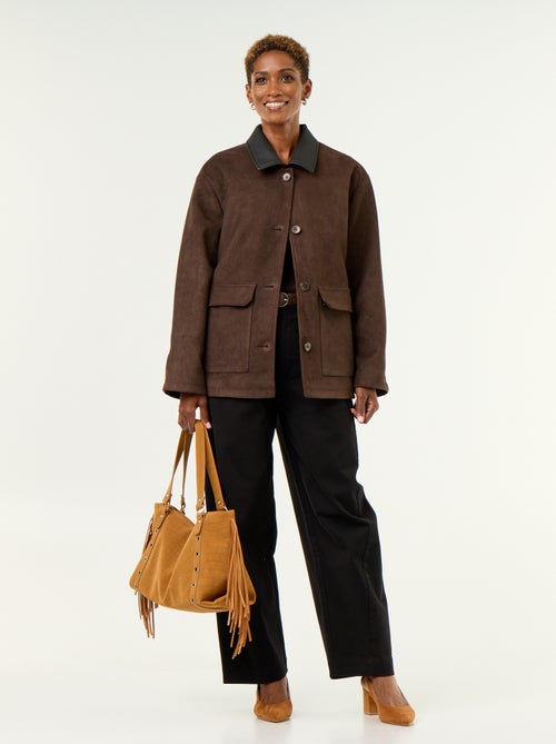 Straight suedette jacket with faux leather collar - Kiabi