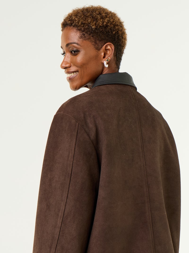 Straight suedette jacket with faux leather collar Brown - Kiabi