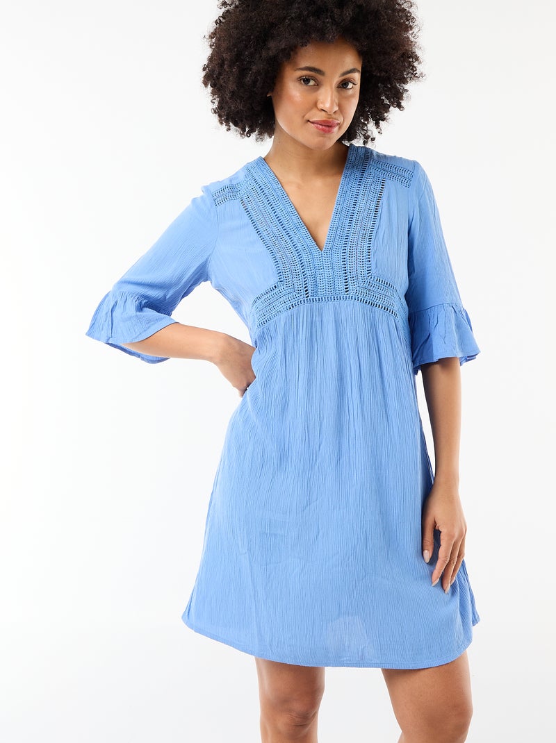 Strandkleid aus Crêpe-Strick und Makramee Blau - Kiabi