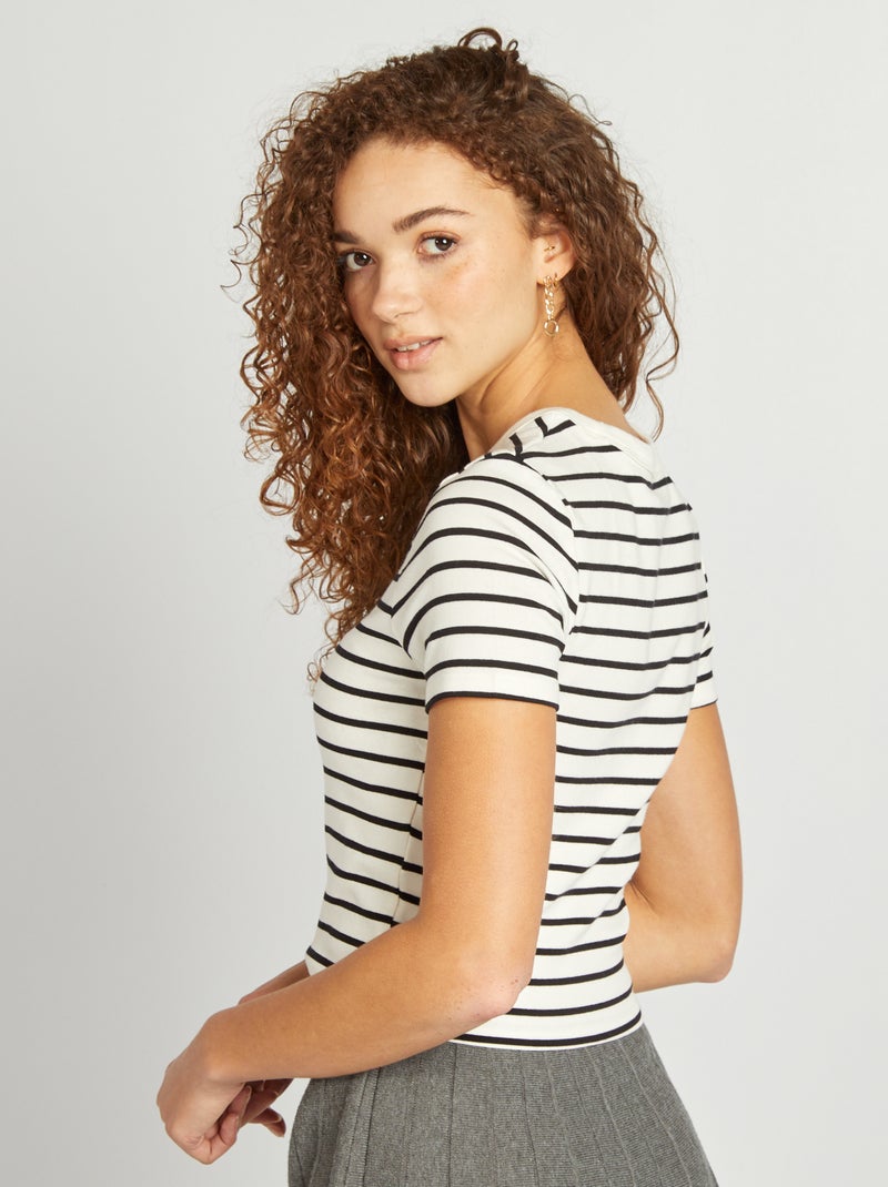 Stretch-Baumwoll-Marinière-T-Shirt Weiß - Kiabi