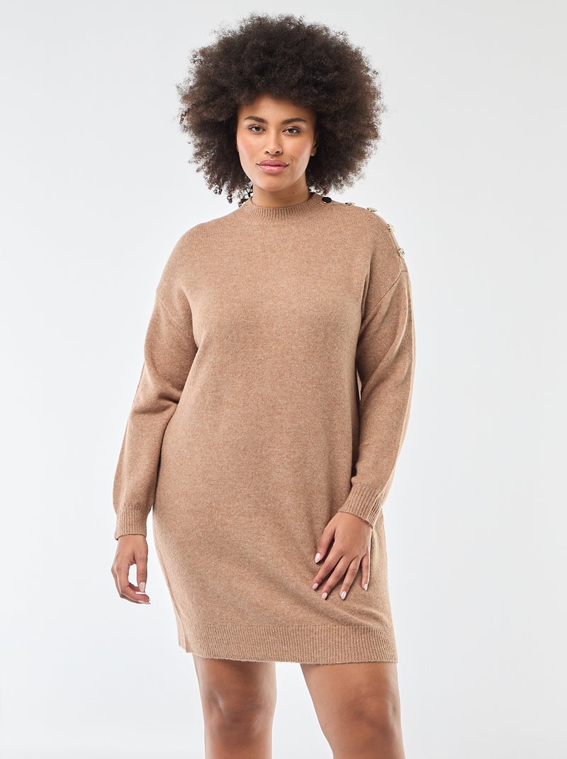 Strickkleid mit Zierknöpfen an der Schulter Beige - Kiabi