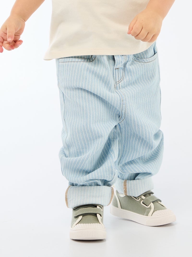 Striped Adjustable Denim Cotton Trousers Blue - Kiabi