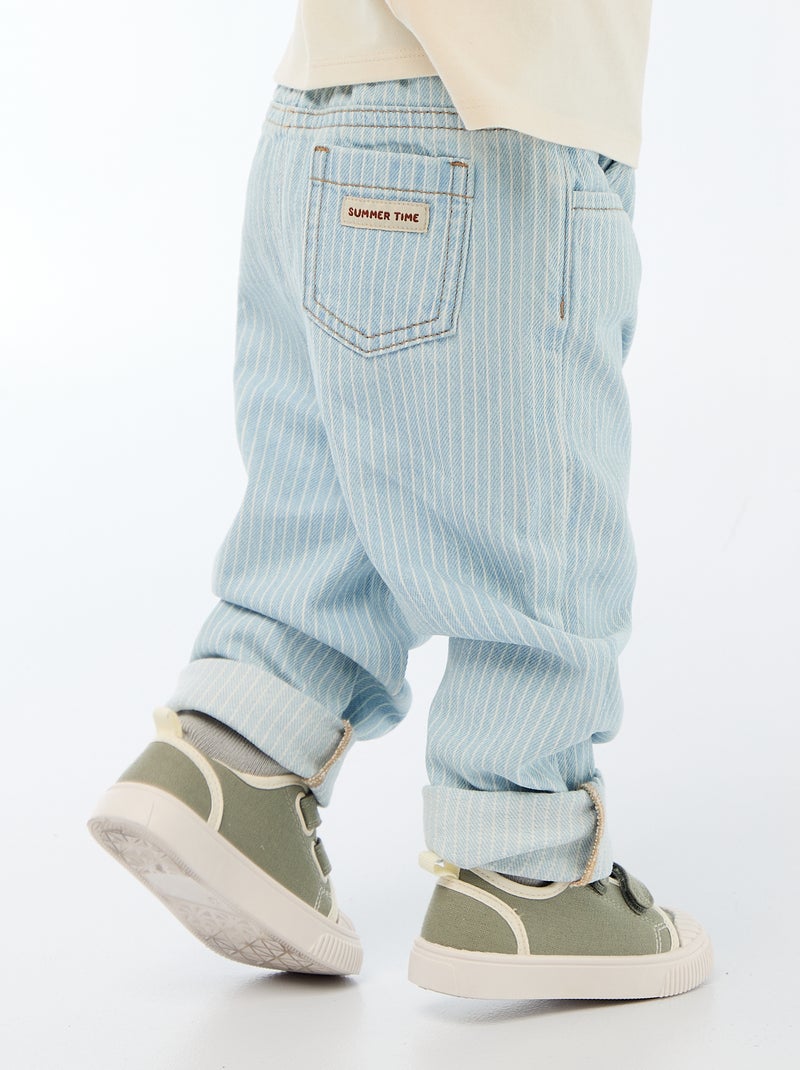 Striped Adjustable Denim Cotton Trousers Blue - Kiabi