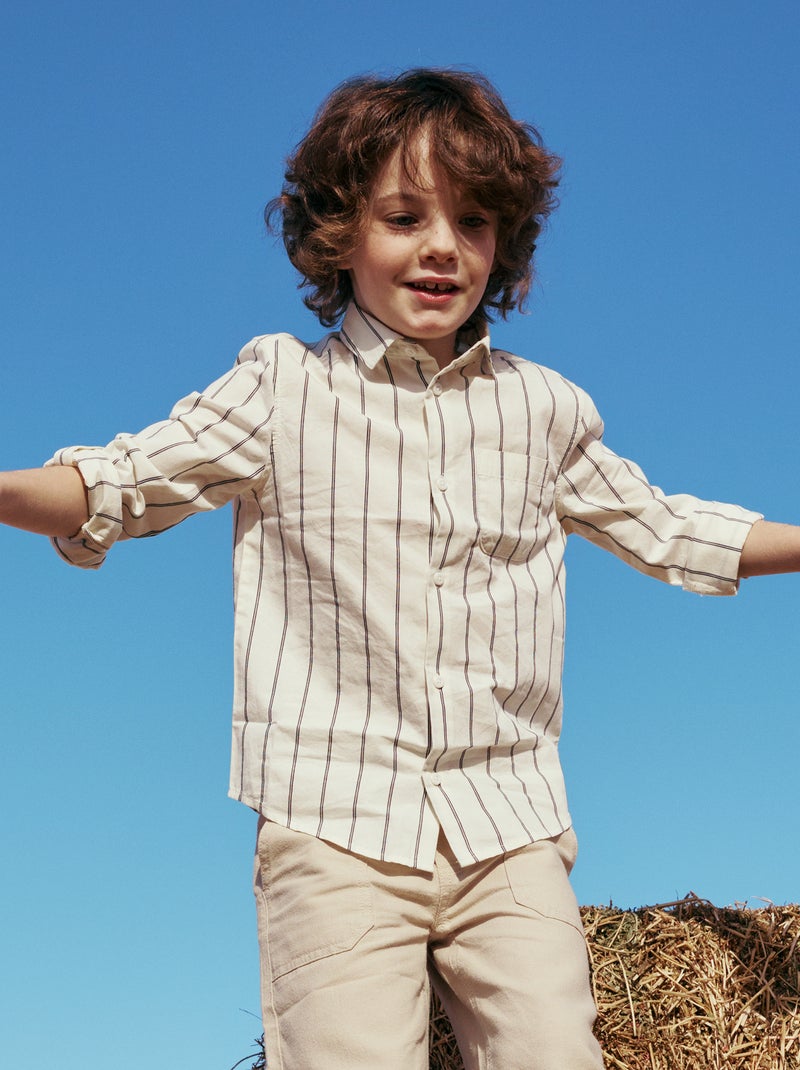 Striped Cotton Shirt with Chest Pocket Beige - Kiabi