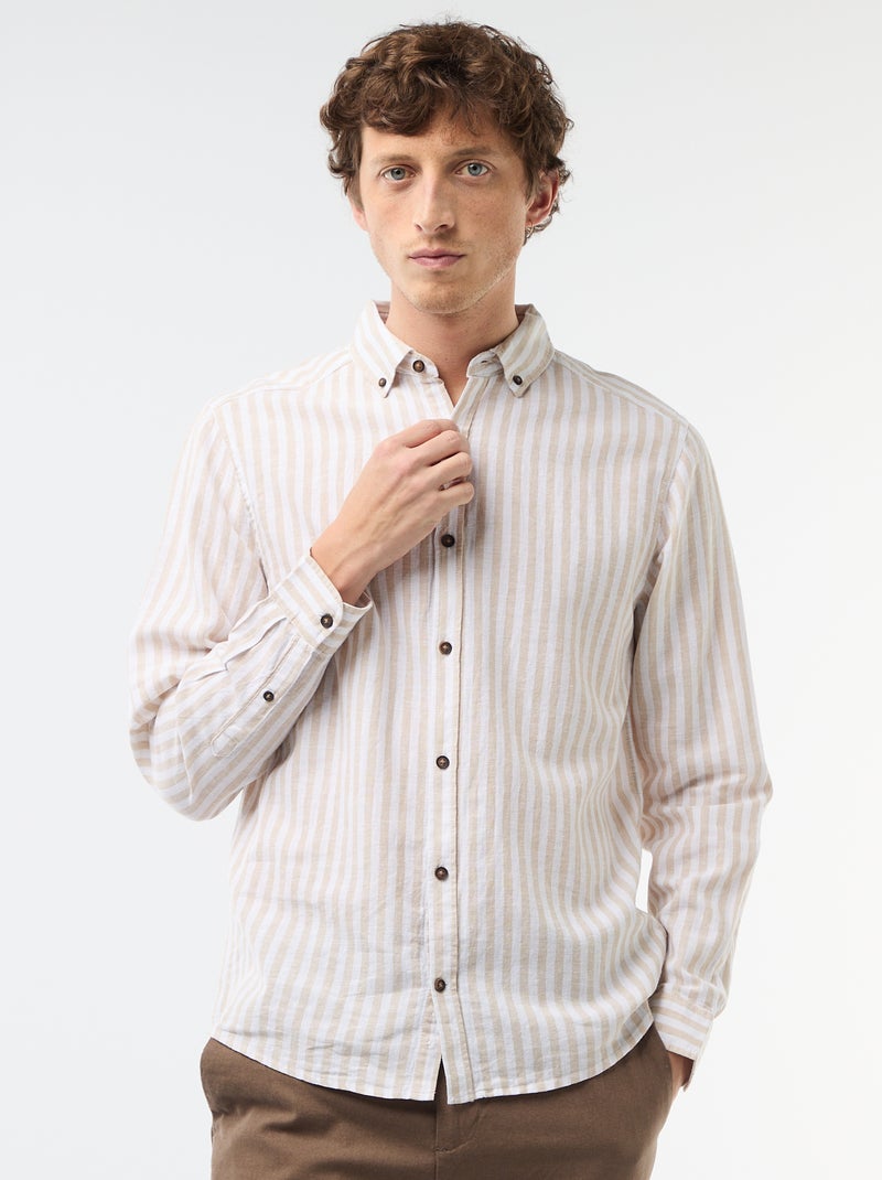 Striped Linen and Cotton Shirt Beige - Kiabi