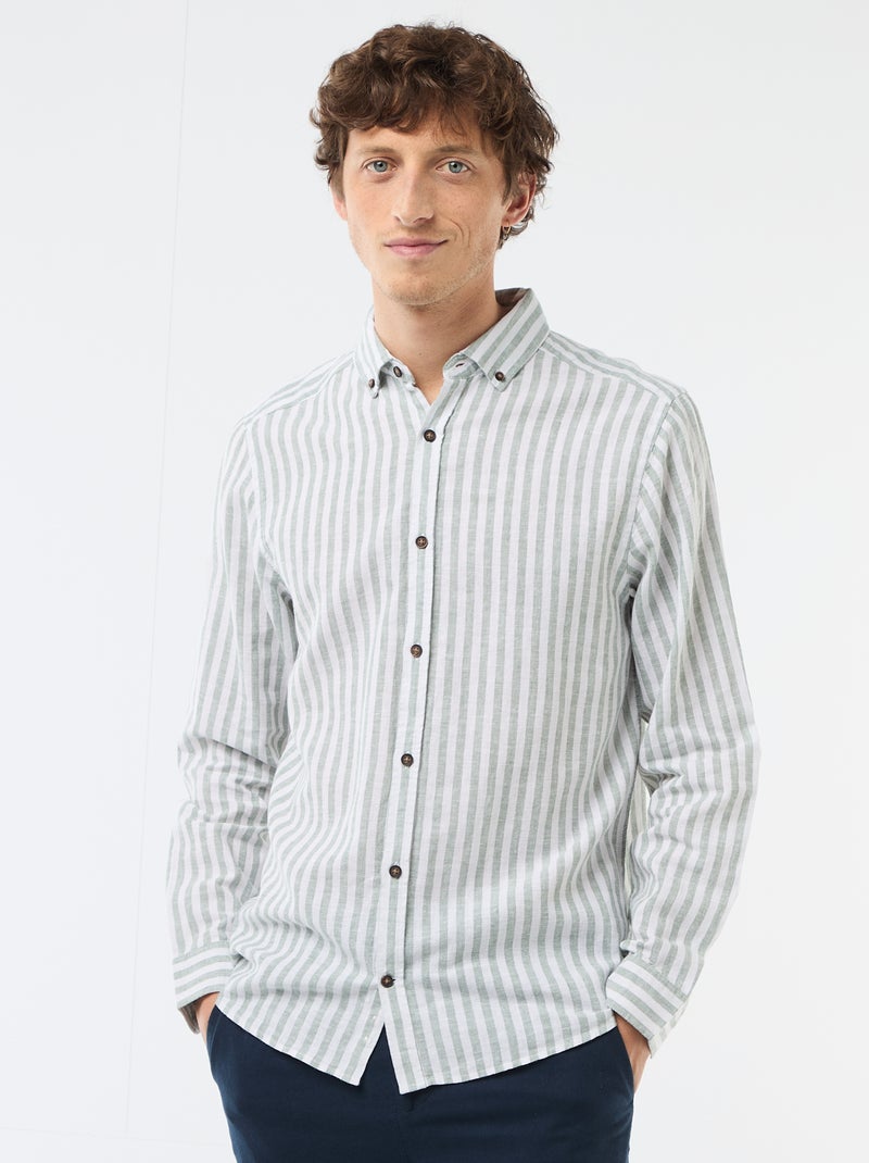 Striped Linen and Cotton Shirt Green - Kiabi