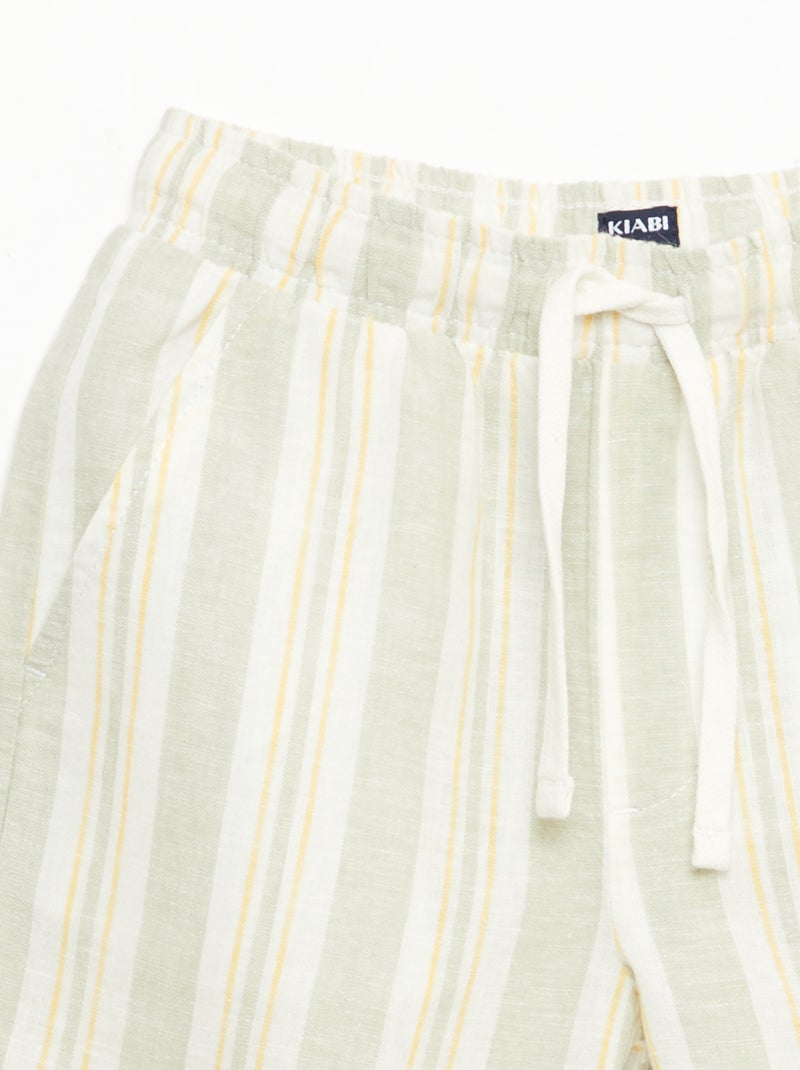 Striped Linen and Cotton Shorts with Elasticated Waist Green - Kiabi