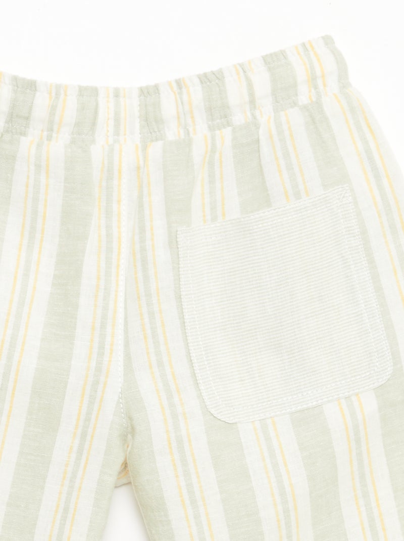 Striped Linen and Cotton Shorts with Elasticated Waist Green - Kiabi