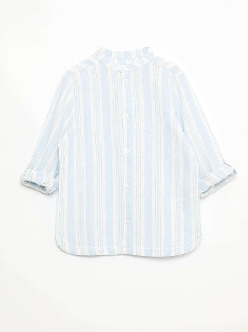 Striped Linen-Cotton Mao Collar Shirt Blue - Kiabi
