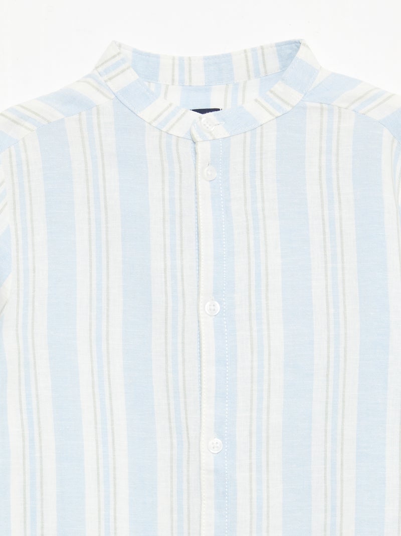 Striped Linen-Cotton Mao Collar Shirt Blue - Kiabi