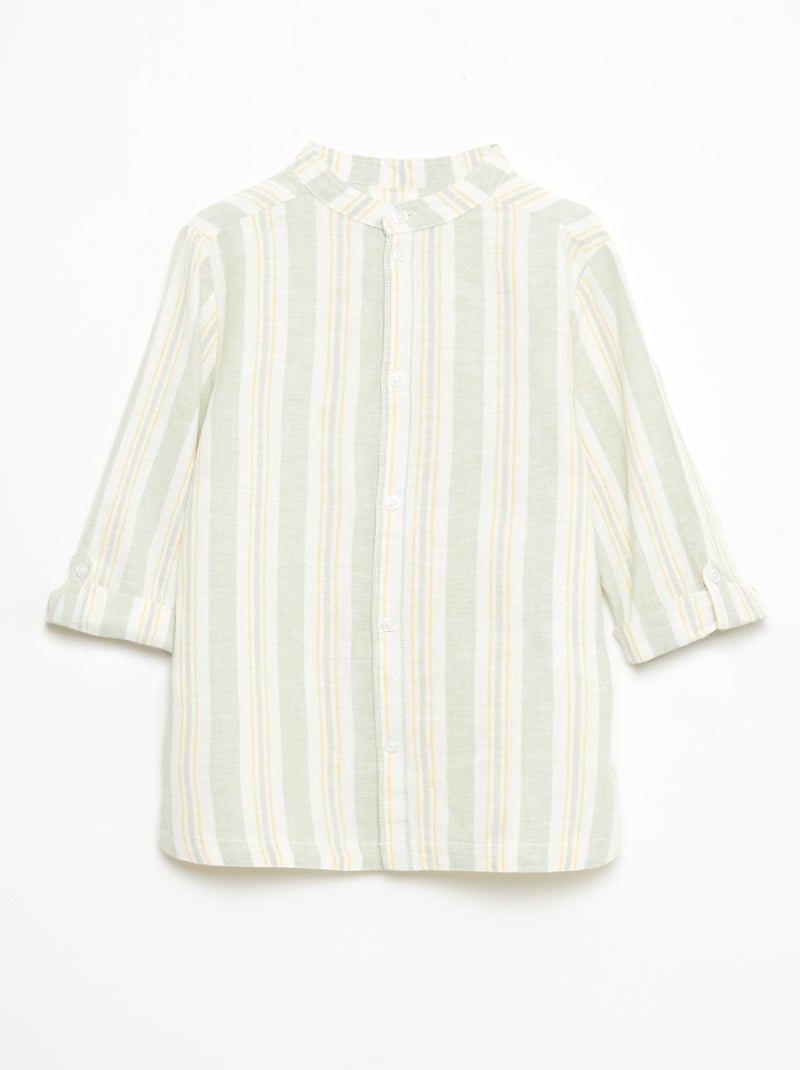 Striped Linen-Cotton Mao Collar Shirt Green - Kiabi