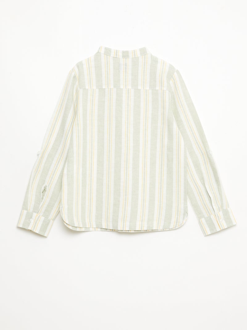 Striped Linen-Cotton Mao Collar Shirt Green - Kiabi