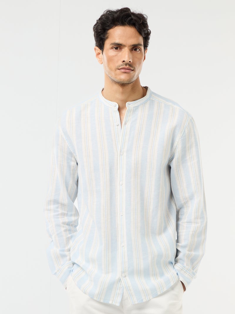 Striped Mao Collar Shirt with Roll-Up Sleeves Blue - Kiabi