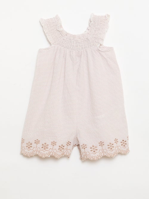 Striped Seersucker Short Romper with Smocking and Embroidery - Kiabi