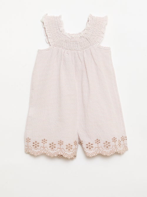 Striped Seersucker Short Romper with Smocking and Embroidery - Kiabi