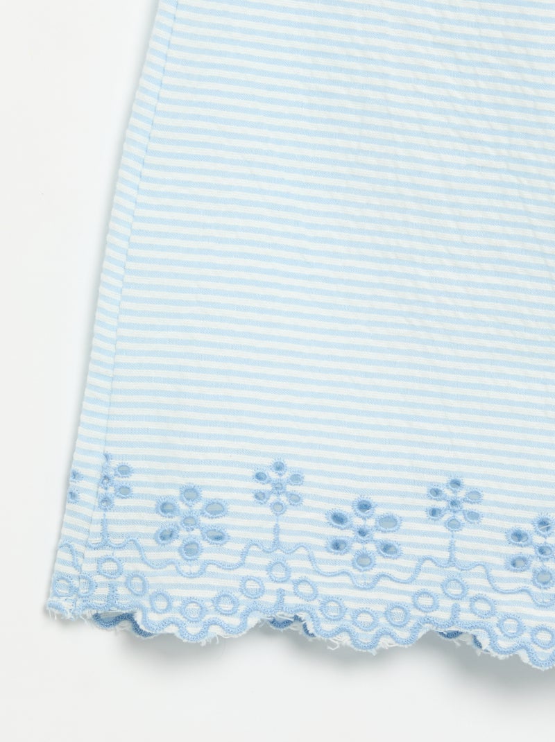 Striped Seersucker Short Romper with Smocking and Embroidery Blue - Kiabi