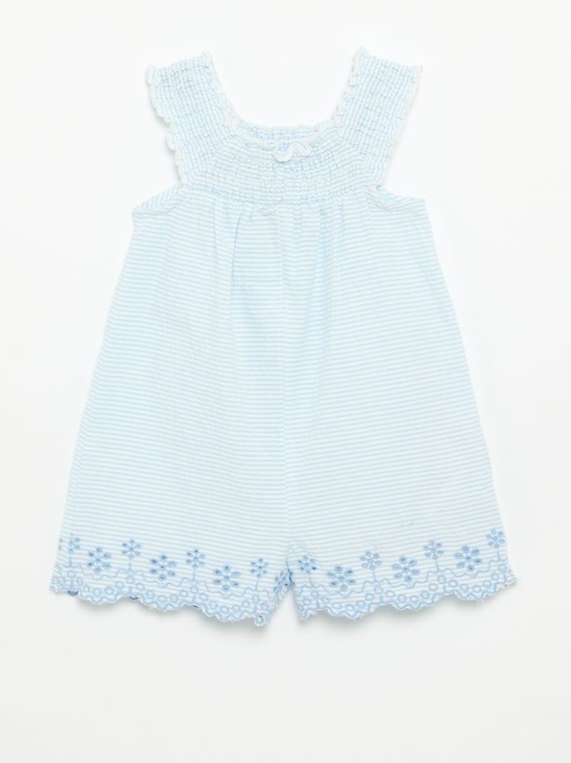 Striped Seersucker Short Romper with Smocking and Embroidery Blue - Kiabi