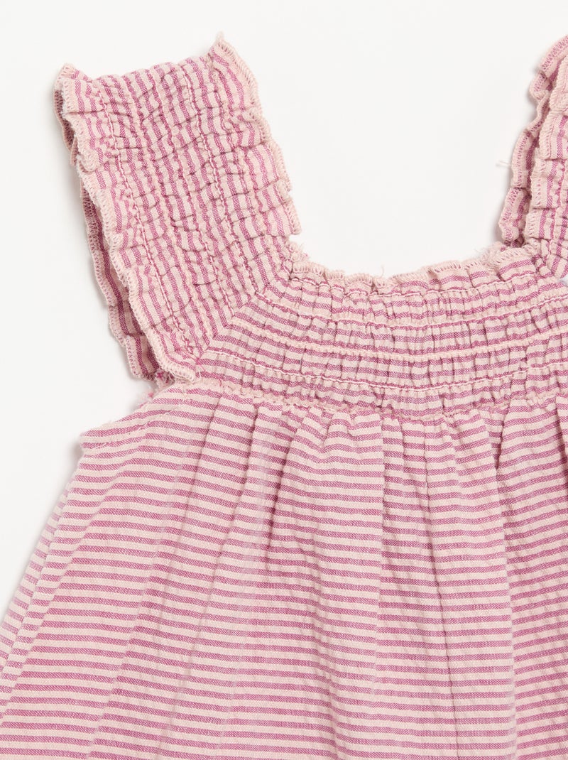 Striped Seersucker Short Romper with Smocking and Embroidery Purple - Kiabi