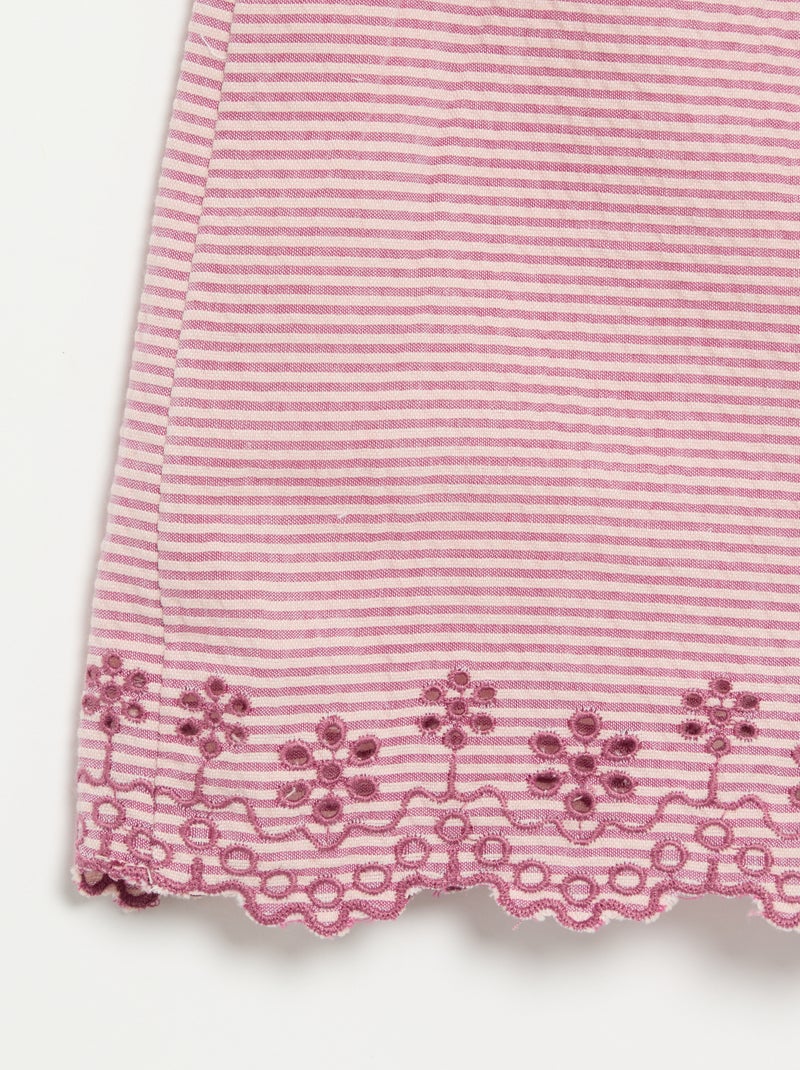 Striped Seersucker Short Romper with Smocking and Embroidery Purple - Kiabi