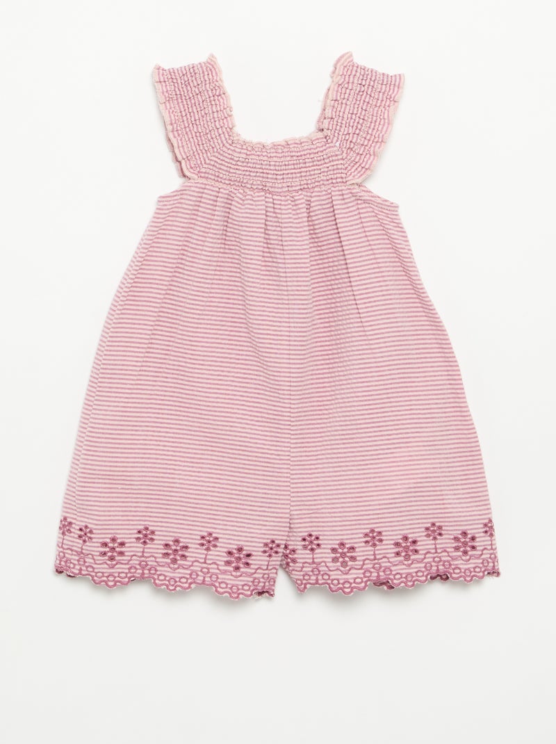 Striped Seersucker Short Romper with Smocking and Embroidery Purple - Kiabi