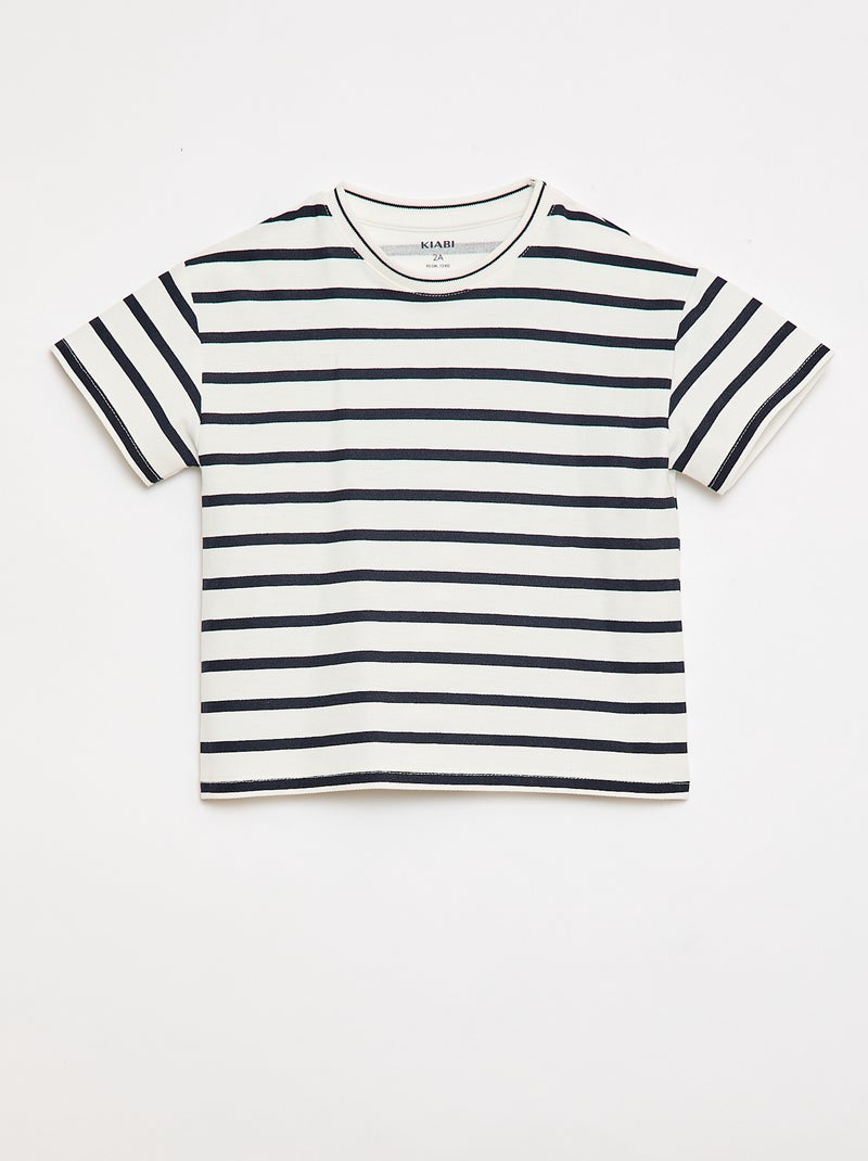 Striped Short-Sleeve Cotton T-shirt White - Kiabi