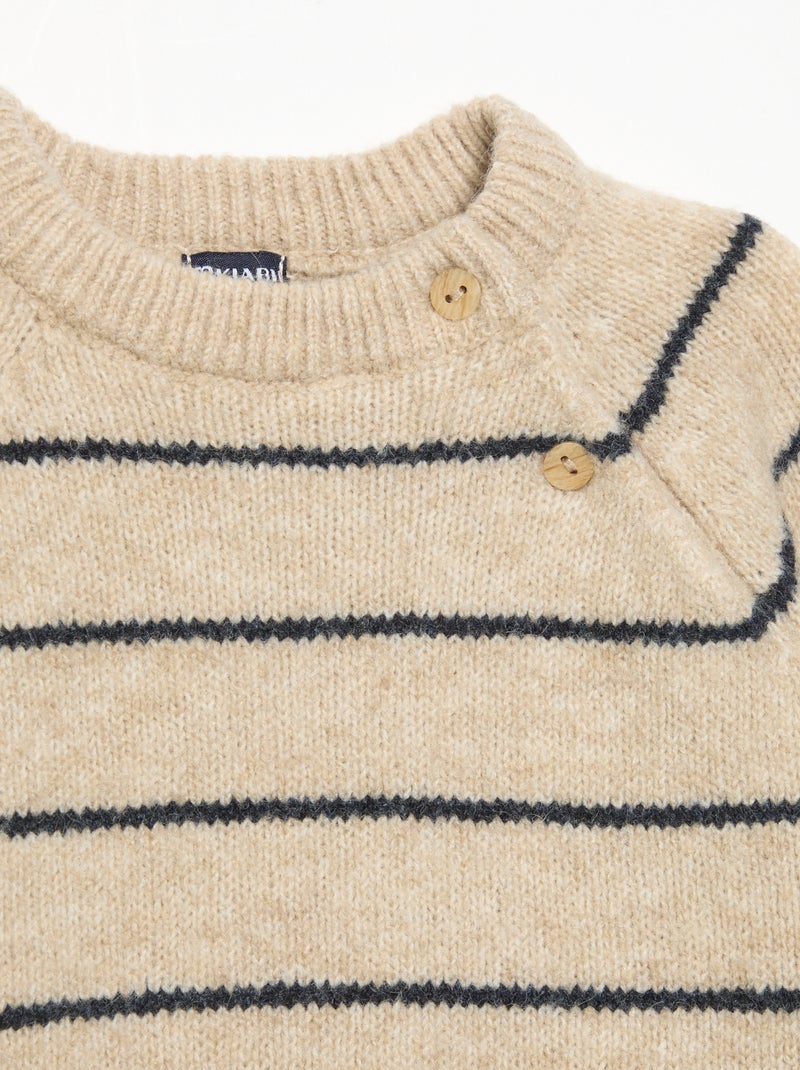 Striped Sweater with Buttoned Collar Beige - Kiabi