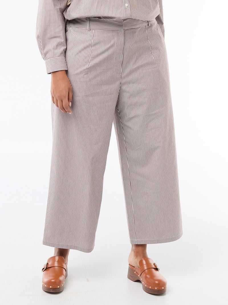 Striped Wide-Leg Poplin Trousers Beige - Kiabi