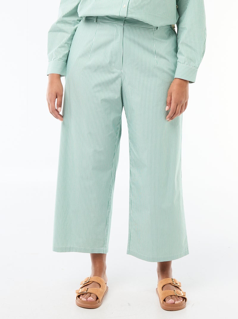 Striped Wide-Leg Poplin Trousers Green - Kiabi