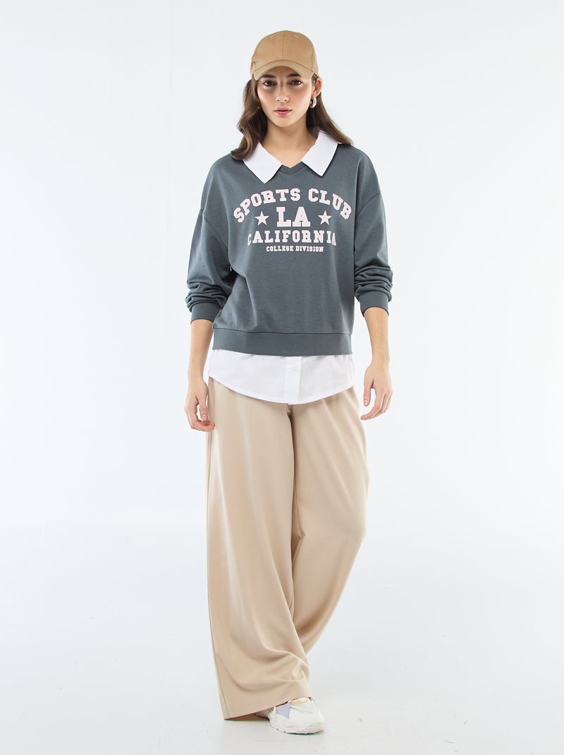 Sweat à col rond esprit 'campus' Gris - Kiabi