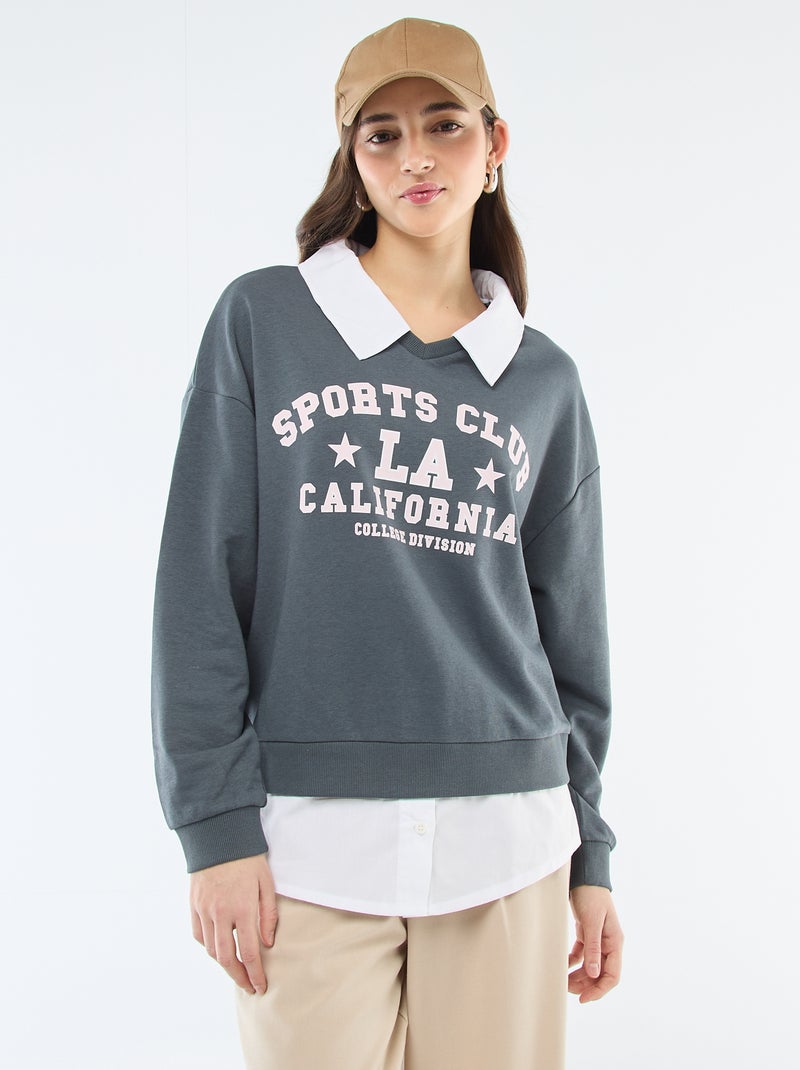 Sweat à col rond esprit 'campus' Gris - Kiabi