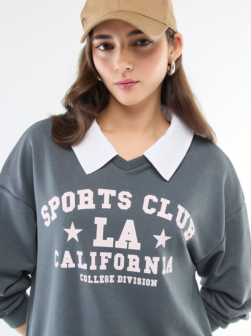 Sweat à col rond esprit 'campus' Gris - Kiabi