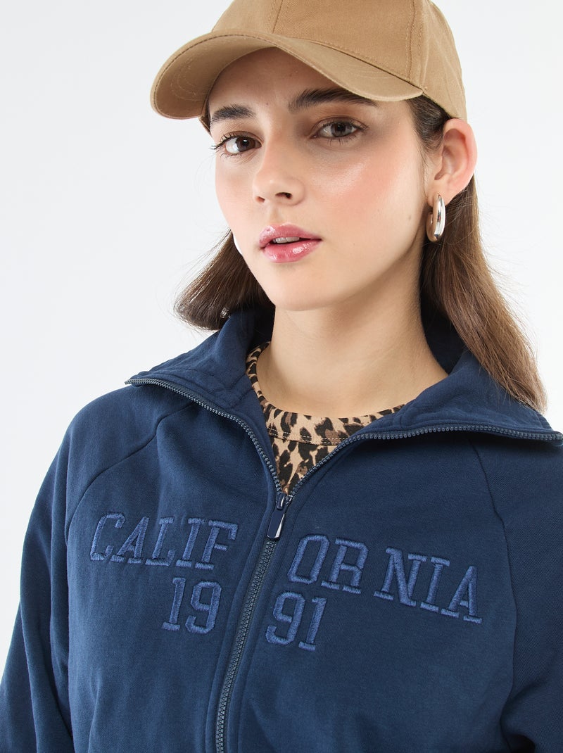 Sweat court zippé à message brodé Bleu marine - Kiabi